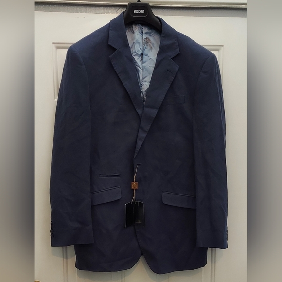 WILLIAM HUNT MEN'S LINEN-COTTON NAVY HERRINGBONE 2-BUTTON BLAZER SIZE 44 NWT - Picture 3 of 10